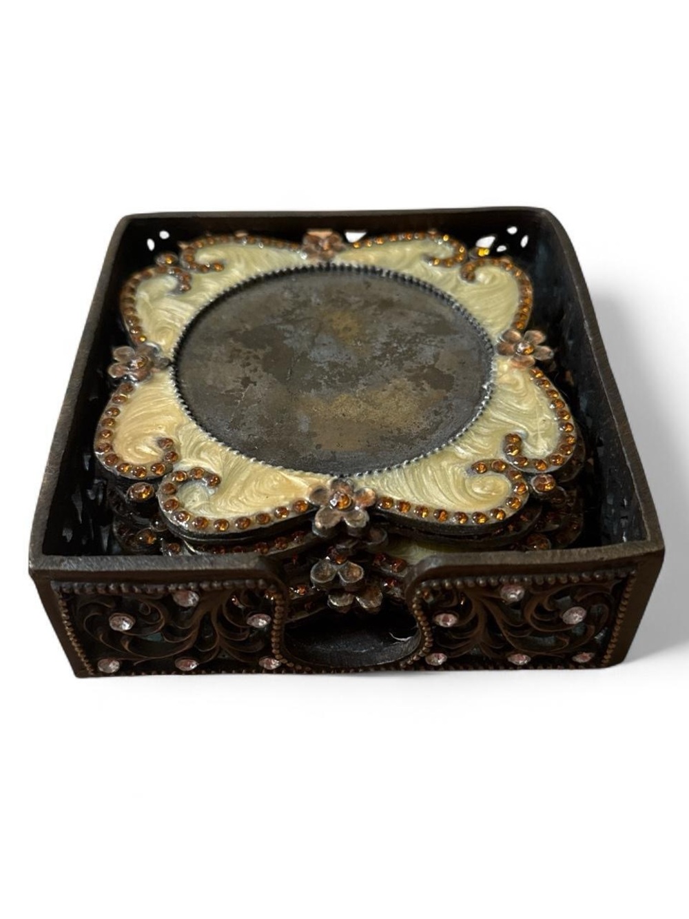 Decorative Brown Vintage Filigree Napkin Holder with Matching Floral Coasters